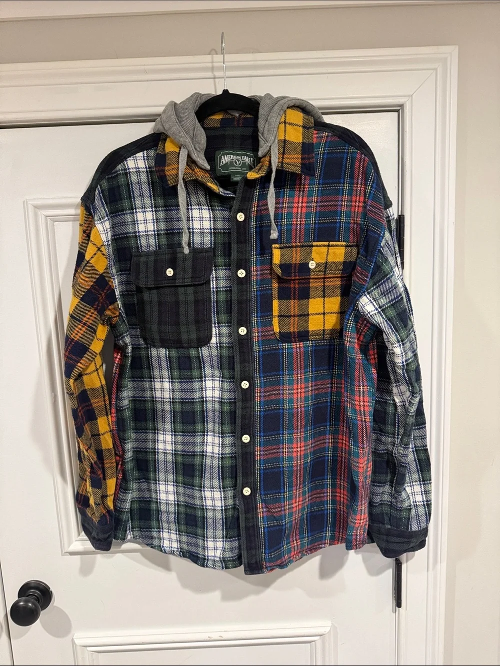 American Eagle Patchwork Plaid Hooded Flannel Shacket Shirt Jacket